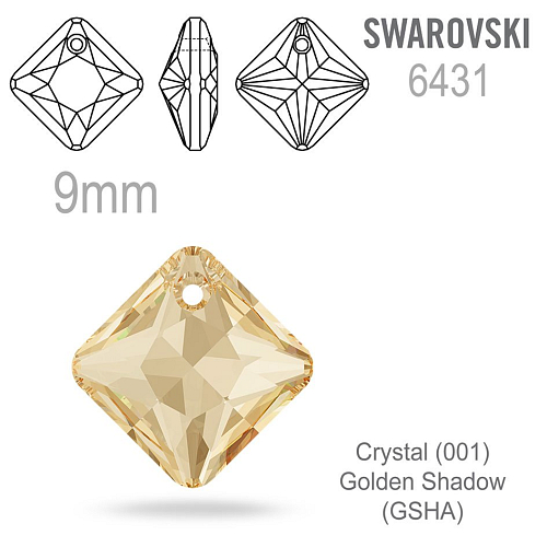 Swarovski 6431 Princess Cut Pendant barva Crystal (001) Golden Shadow (GSHA) velikost 9mm.