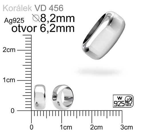 Korálek s velkým otvorem  ozn. VD456.Velikost pr. 8,2mm otvor 6,2mm. Materiál STŘÍBRO Ag925.váha 0,59g.