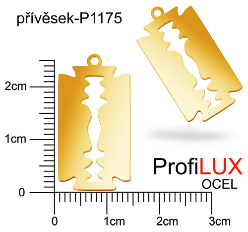 Přívěsek Chirurgická Ocel ozn-P1175 ŽILETKA velikost 14x29mm tl.1.0mm. Velikost otvoru pr. 1,5mm. Barva POZLACENO. Řada přívěsků ProfiLUX.