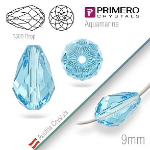 Korálky PRIMERO Crystals . Tvar 5500 Drop. Barva Aquamarine. Velikost 9mm
