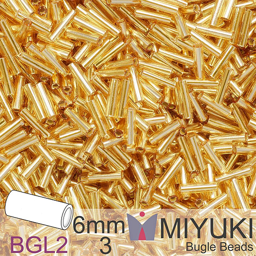 Korálky Miyuki Bugle Bead 6mm. Barva BGL2-3 Silverlined Gold. Balení 10g.