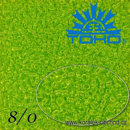 Korálky TOHO tvar ROUND (kulaté). Velikost 8/0. Barva č.4-Transparent Lime Green. Balení 10g.