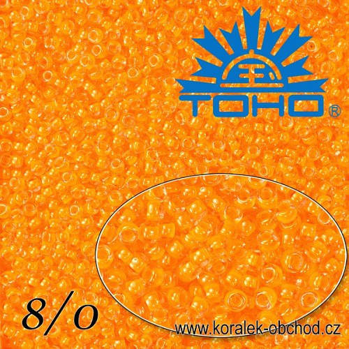 Korálky TOHO tvar ROUND (kulaté). Velikost 8/0. Barva č. 801-Luminous Neon Tangerine . Balení 10g.