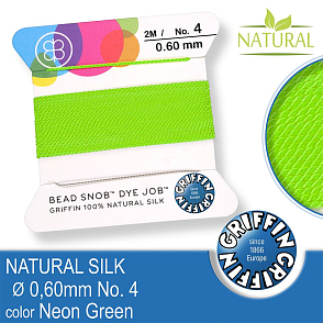 Hedvábná nit s jehlou GRIFFIN síla nitě 0,6mm No.4 délka 2m. Barva Neon Green.