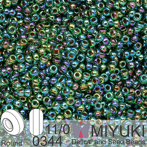 Korálky Miyuki Round 11/0. Barva 0344 Lined Green AB. Balení 5g.