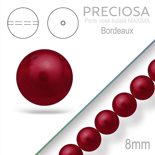 PRECIOSA Voskované Perle barva BORDEAUX velikost 8mm. Balení návlek 15Ks.