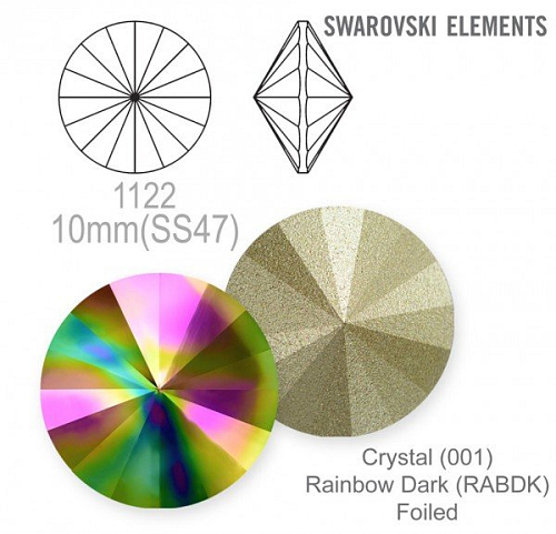 Swarovski RIVOLI 1122 barva Crystal (001) Rainbow Dark (RABDK) velikost 10mm