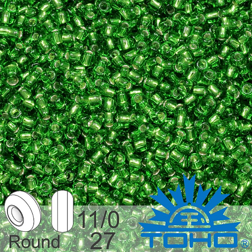 Korálky TOHO tvar ROUND (kulaté). Velikost 11/0. Barva č. 27-Silver-Lined Peridot. Balení 8g.