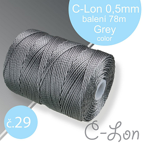 Nylonová nit C-Lon pevná korálková nit. Barva 29 Grey. Síla nitě 0,5mm. Balení 78m na cívce.