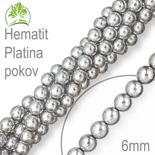 Korálky z minerálů Hematit Platina pokovený. Velikost pr.6mm. Balení 12Ks.