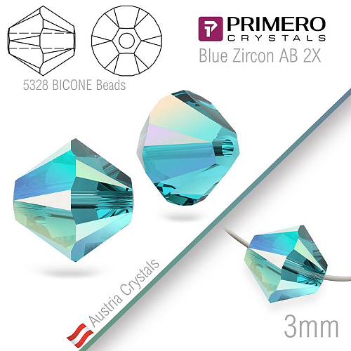 Korálky PRIMERO Crystals . Tvar 5328 Bicone BEADS. Barva Blue Zircon AB 2X. Velikost 3mm balení-25Ks.