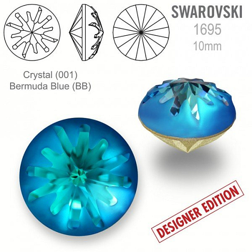 Swarovski 1695 Sea Urchin Round Stone PF velikost 10mm. Barva Crystal (001) Bermuda Blue (BB).