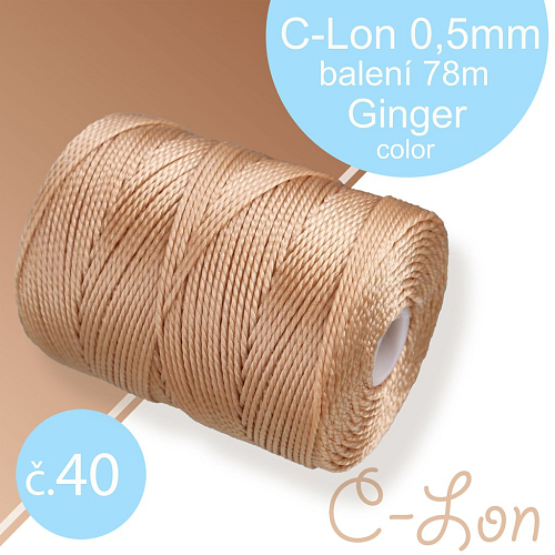 Nylonová nit C-Lon pevná korálková nit. Barva 40 Ginger. Síla nitě 0,5mm. Balení 78m na cívce.