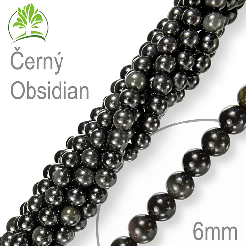 Korálky z minerálů Černý Obsidian. Velikost pr.6mm. Balení 12Ks.