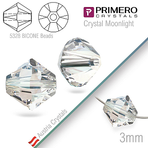 Korálky PRIMERO Crystals . Tvar 5328 Bicone BEADS. Barva Crystal Moonlight. Velikost 3mm balení-25Ks.