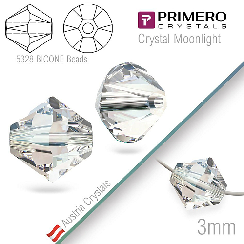 Korálky PRIMERO Crystals . Tvar 5328 Bicone BEADS. Barva Crystal Moonlight. Velikost 3mm balení-25Ks.