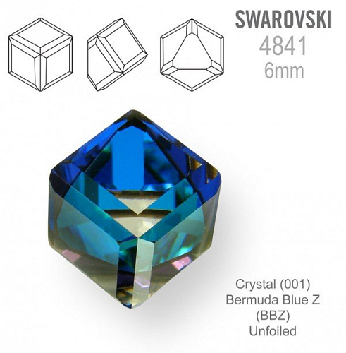 SWAROVSKI ELEMENTS 4841 Angled Cube (zkosená kostka) barva CRYSTAL (001) BERMUDA BLUE Z (BBZ) velikost 6mm.