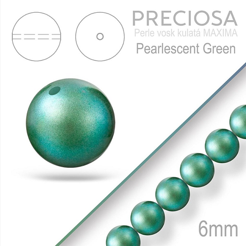 Preciosa Perle voskovaná kulatá MAXIMA barva Pearlescent Green velikost 6mm. Balení návlek 21Ks.