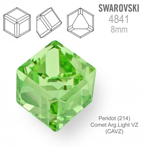 SWAROVSKI ELEMENTS 4841 Angled Cube (zkosená kostka) barva PERIDOT (214) Comet Arg. Light VZ (CAVZ) velikost 8mm.